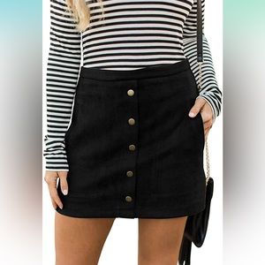 Button Front Faux Suede High Waist A-line Mini Skirt with Pocket